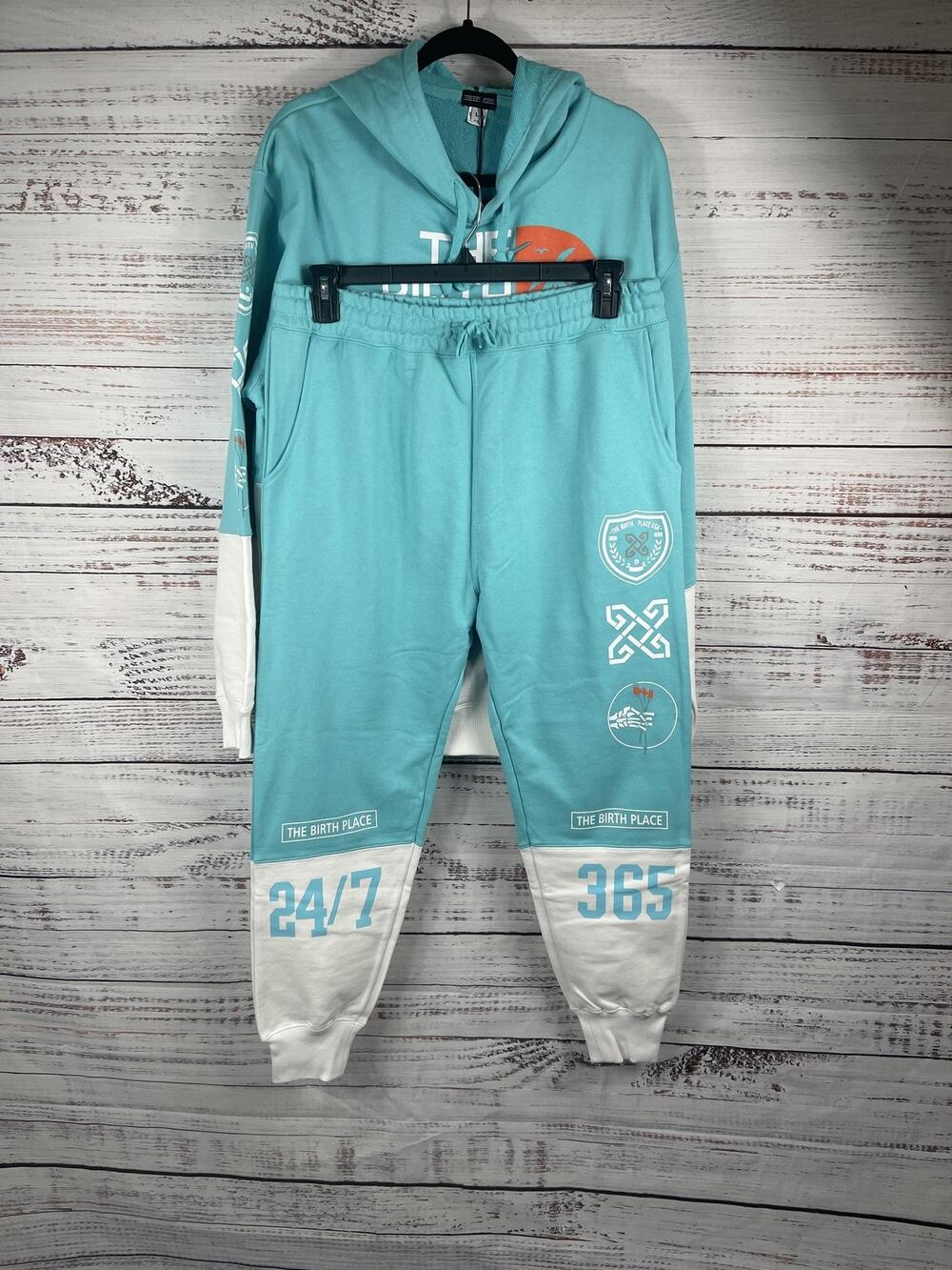 The Birth Place Hoodie Sweatpants Set Mens Large Blue White 24/7 365 Florida USA